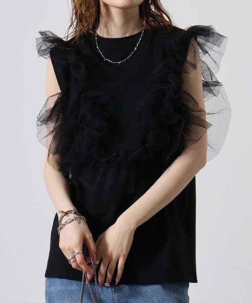 &soiree(アンドソワレ)の「&soiree 天竺チュールドッキングプルオーバー(Tシャツ/カットソー・レディース・ブラック/杢グレー/オフホワイト・F)」の2枚目の写真