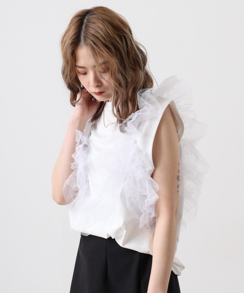 &soiree(アンドソワレ)の「&soiree 天竺チュールドッキングプルオーバー(Tシャツ/カットソー・レディース・ブラック/杢グレー/オフホワイト・F)」の18枚目の写真