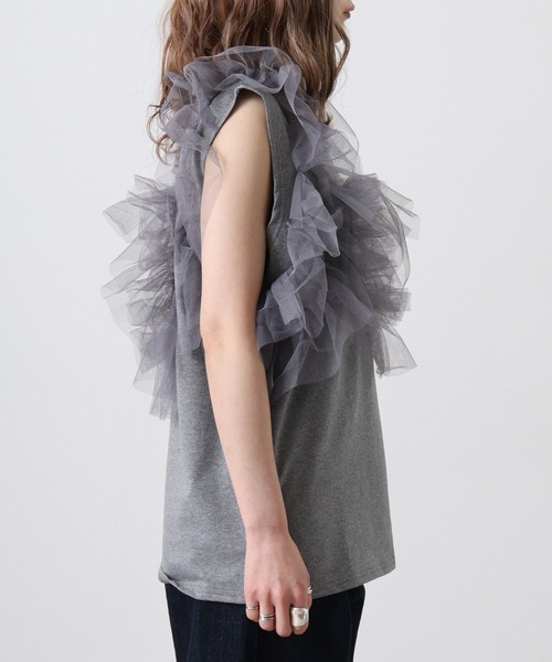 &soiree(アンドソワレ)の「&soiree 天竺チュールドッキングプルオーバー(Tシャツ/カットソー・レディース・ブラック/杢グレー/オフホワイト・F)」の6枚目の写真