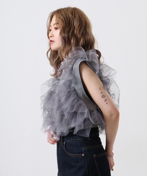 &soiree(アンドソワレ)の「&soiree 天竺チュールドッキングプルオーバー(Tシャツ/カットソー・レディース・ブラック/杢グレー/オフホワイト・F)」の12枚目の写真