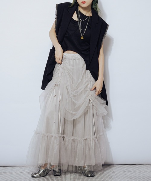 Ezick（エジック）の「Drape shirring チュールマルチスカート（スカート・レディース・ライトグレー系/ネイビー系/ブラック×グレー・FREE）」の22枚目の写真