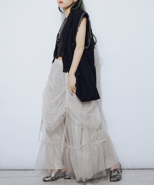 Ezick（エジック）の「Drape shirring チュールマルチスカート（スカート・レディース・ライトグレー系/ネイビー系/ブラック×グレー・FREE）」の21枚目の写真
