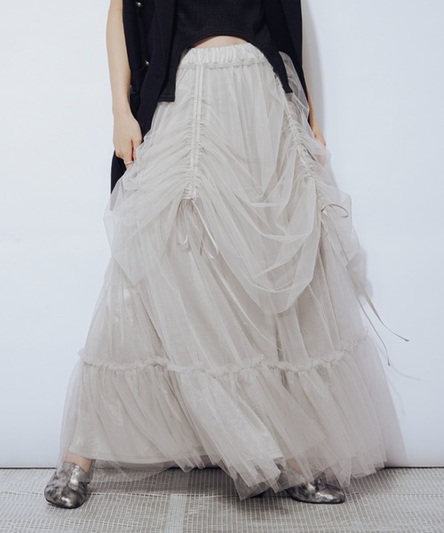 Ezick（エジック）の「Drape shirring チュールマルチスカート（スカート・レディース・ライトグレー系/ネイビー系/ブラック×グレー・FREE）」の17枚目の写真