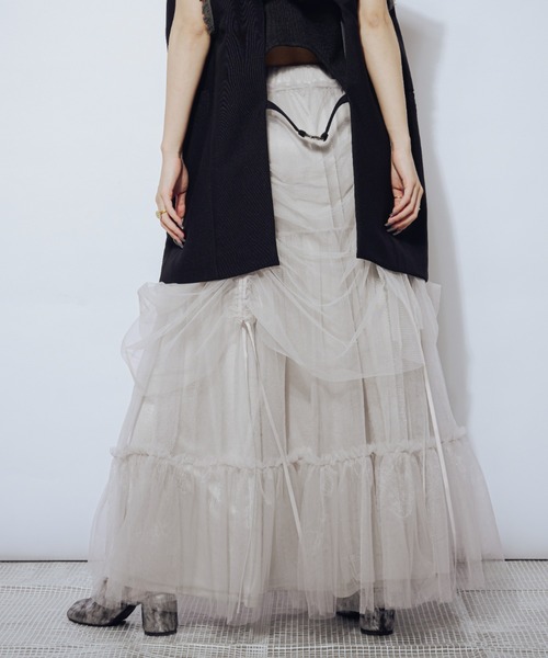 Ezick（エジック）の「Drape shirring チュールマルチスカート（スカート・レディース・ライトグレー系/ネイビー系/ブラック×グレー・FREE）」の16枚目の写真