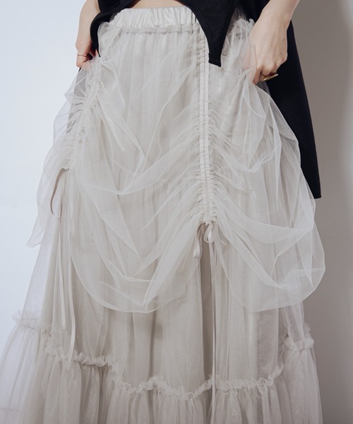 Ezick（エジック）の「Drape shirring チュールマルチスカート（スカート・レディース・ライトグレー系/ネイビー系/ブラック×グレー・FREE）」の15枚目の写真