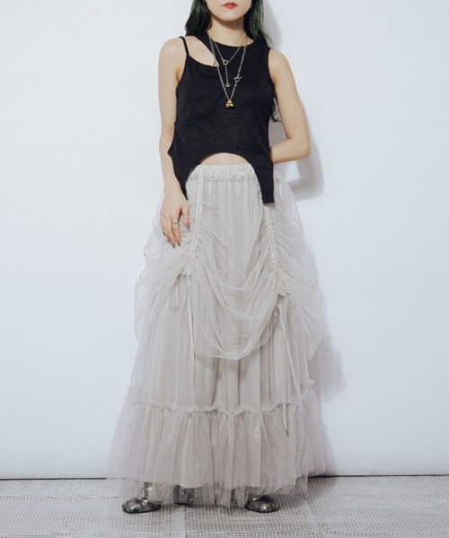 Ezick（エジック）の「Drape shirring チュールマルチスカート（スカート・レディース・ライトグレー系/ネイビー系/ブラック×グレー・FREE）」の12枚目の写真