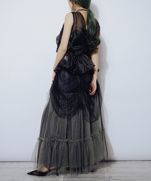 Ezick（エジック）の「Drape shirring チュールマルチスカート（スカート・レディース・ライトグレー系/ネイビー系/ブラック×グレー・FREE）」の10枚目の写真