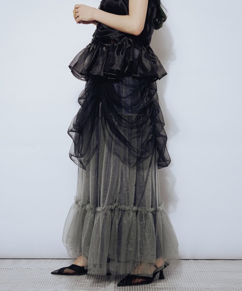 Ezick（エジック）の「Drape shirring チュールマルチスカート