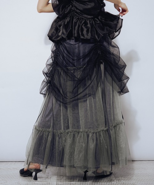 Ezick（エジック）の「Drape shirring チュールマルチスカート（スカート・レディース・ライトグレー系/ネイビー系/ブラック×グレー・FREE）」の5枚目の写真