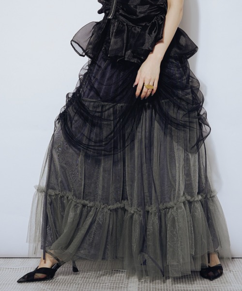 Ezick（エジック）の「Drape shirring チュールマルチスカート（スカート・レディース・ライトグレー系/ネイビー系/ブラック×グレー・FREE）」の7枚目の写真