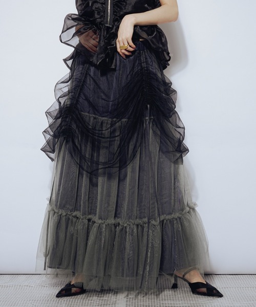 Ezick（エジック）の「Drape shirring チュールマルチスカート（スカート・レディース・ライトグレー系/ネイビー系/ブラック×グレー・FREE）」の8枚目の写真