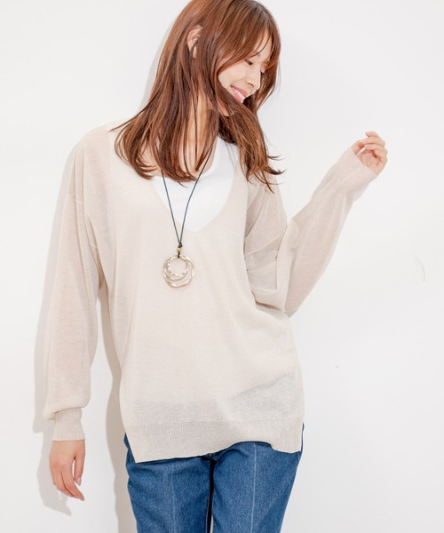 Jayro(ジャイロ)の「シアー深Vネックニットプルオーバー(ニット/セーター・レディース・ネイビー/ベージュ/グリーン/ホワイト・M)」の3枚目の写真