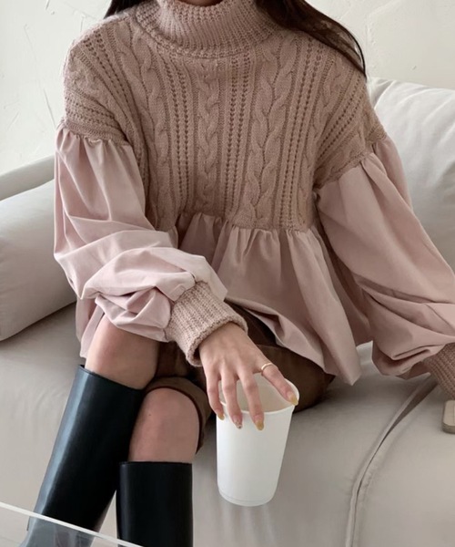 ケーブル編みシャツドッキングニット(ニット/セーター)|Nyu(ニュウ) ケーブル編みシャツドッキングニット(ニット/セーター)|Nyu(ニュウ)