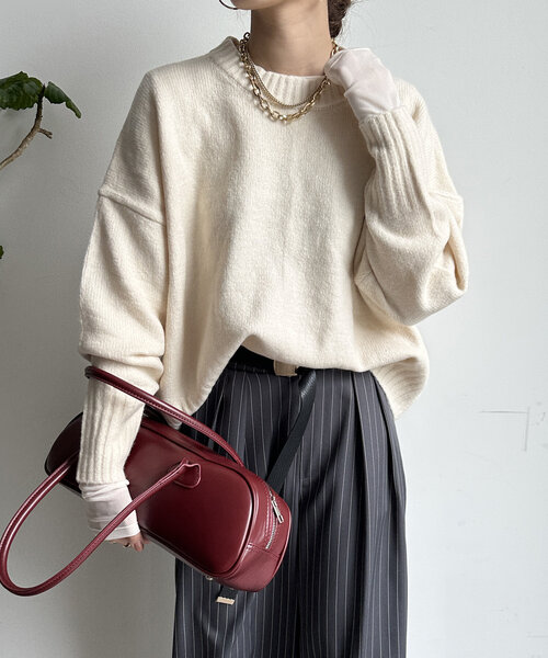 【WEB限定】ヤクライクショート丈ワイドクルーネックプルオーバー（ニット/セーター）｜DouDou（ドゥドゥ）