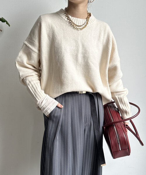 【WEB限定】ヤクライクショート丈ワイドクルーネックプルオーバー（ニット/セーター）｜DouDou（ドゥドゥ）