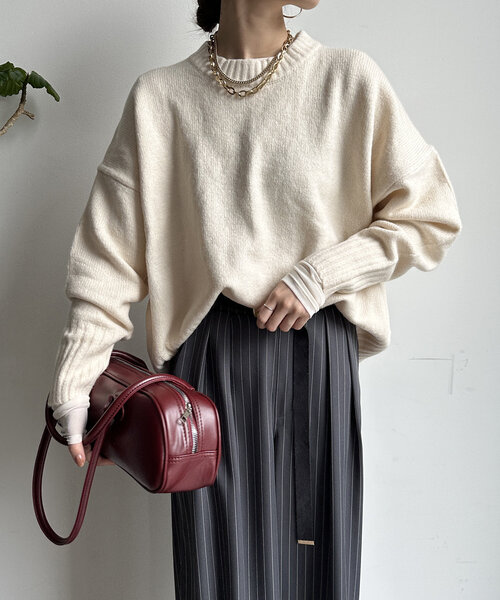 【WEB限定】ヤクライクショート丈ワイドクルーネックプルオーバー（ニット/セーター）｜DouDou（ドゥドゥ）