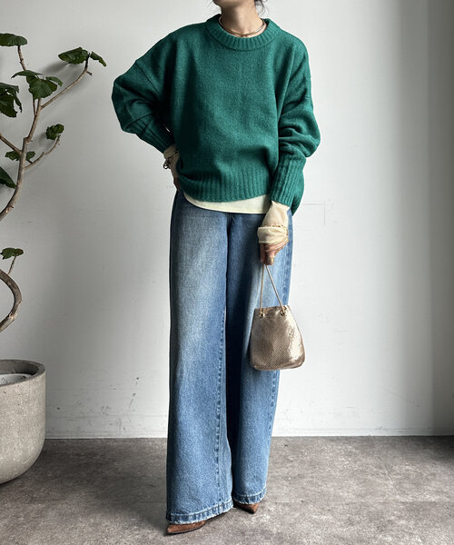 【WEB限定】ヤクライクショート丈ワイドクルーネックプルオーバー（ニット/セーター）｜DouDou（ドゥドゥ）