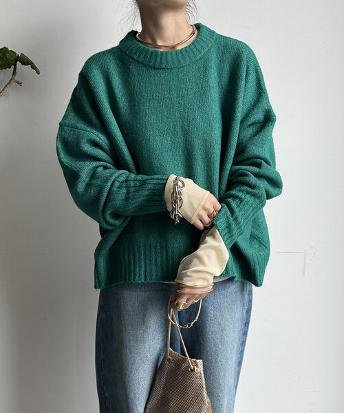 【WEB限定】ヤクライクショート丈ワイドクルーネックプルオーバー（ニット/セーター）｜DouDou（ドゥドゥ）