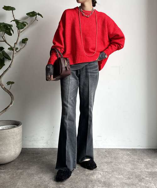 【WEB限定】ヤクライクショート丈ワイドクルーネックプルオーバー（ニット/セーター）｜DouDou（ドゥドゥ）