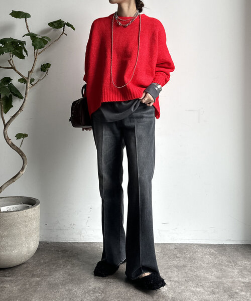 【WEB限定】ヤクライクショート丈ワイドクルーネックプルオーバー（ニット/セーター）｜DouDou（ドゥドゥ）