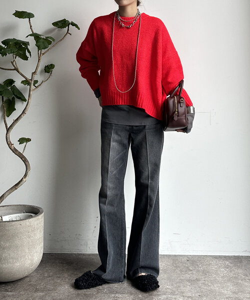 【WEB限定】ヤクライクショート丈ワイドクルーネックプルオーバー（ニット/セーター）｜DouDou（ドゥドゥ）