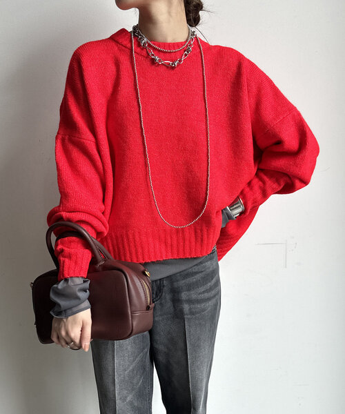 【WEB限定】ヤクライクショート丈ワイドクルーネックプルオーバー（ニット/セーター）｜DouDou（ドゥドゥ）