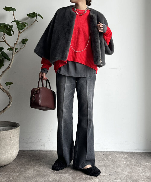 【WEB限定】ヤクライクショート丈ワイドクルーネックプルオーバー（ニット/セーター）｜DouDou（ドゥドゥ）