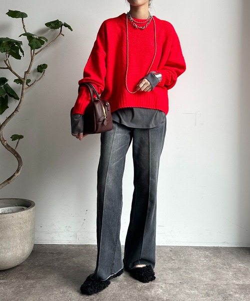 【WEB限定】ヤクライクショート丈ワイドクルーネックプルオーバー（ニット/セーター）｜DouDou（ドゥドゥ）