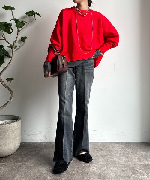 【WEB限定】ヤクライクショート丈ワイドクルーネックプルオーバー（ニット/セーター）｜DouDou（ドゥドゥ）