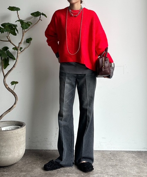 【WEB限定】ヤクライクショート丈ワイドクルーネックプルオーバー（ニット/セーター）｜DouDou（ドゥドゥ）