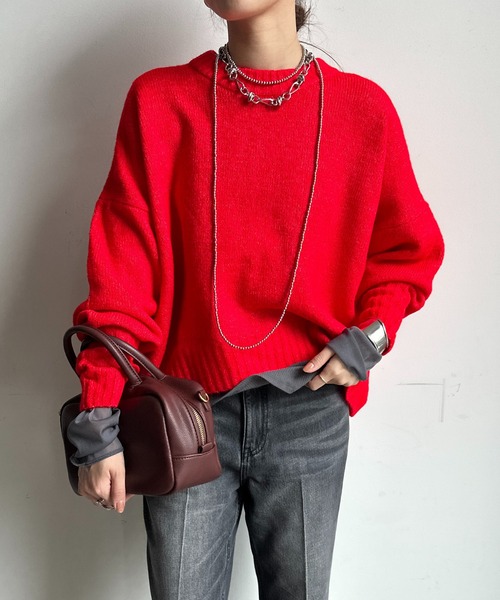 【WEB限定】ヤクライクショート丈ワイドクルーネックプルオーバー（ニット/セーター）｜DouDou（ドゥドゥ）