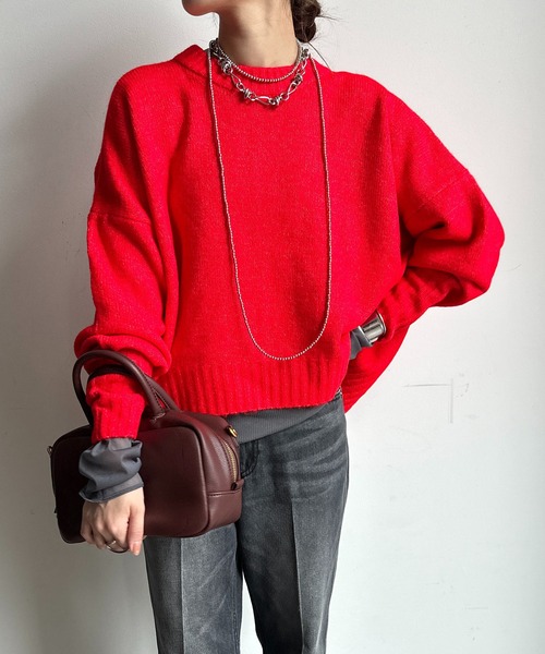 【WEB限定】ヤクライクショート丈ワイドクルーネックプルオーバー（ニット/セーター）｜DouDou（ドゥドゥ）