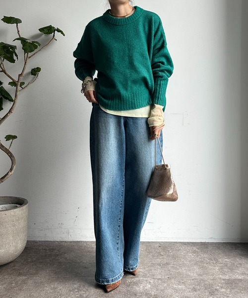 【WEB限定】ヤクライクショート丈ワイドクルーネックプルオーバー（ニット/セーター）｜DouDou（ドゥドゥ）