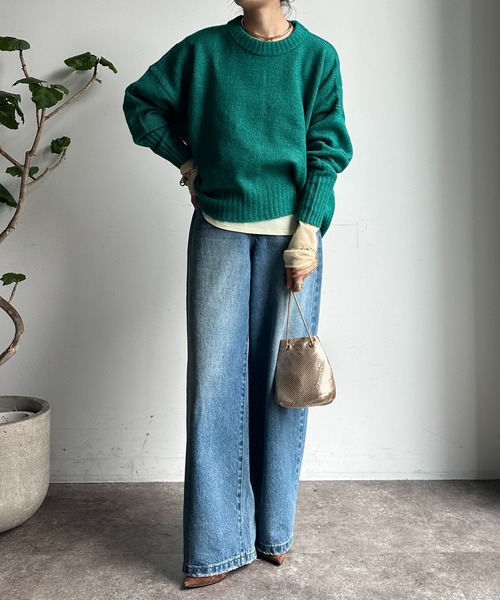 【WEB限定】ヤクライクショート丈ワイドクルーネックプルオーバー（ニット/セーター）｜DouDou（ドゥドゥ）