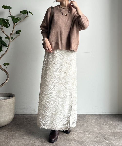 【WEB限定】ヤクライクショート丈ワイドクルーネックプルオーバー（ニット/セーター）｜DouDou（ドゥドゥ）