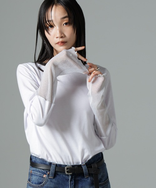 NANO universe（ナノユニバース）の「シアーラメ切り替えロングＴシャツ（Tシャツ/カットソー・レディース・ホワイト/ブラック/ブラウン・FREE）」の2枚目の写真