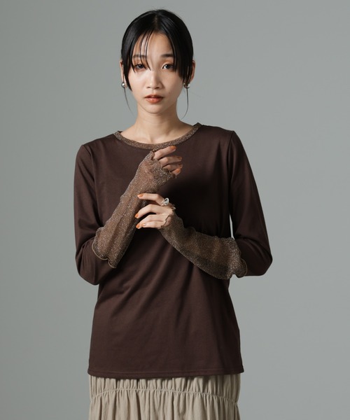 NANO universe（ナノユニバース）の「シアーラメ切り替えロングＴシャツ（Tシャツ/カットソー・レディース・ホワイト/ブラック/ブラウン・FREE）」の11枚目の写真