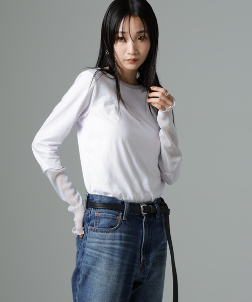 NANO universe（ナノユニバース）の「シアーラメ切り替えロングＴシャツ（Tシャツ/カットソー・レディース・ホワイト/ブラック/ブラウン・FREE）」の16枚目の写真