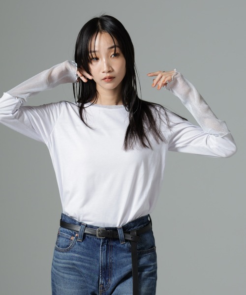 NANO universe（ナノユニバース）の「シアーラメ切り替えロングＴシャツ（Tシャツ/カットソー・レディース・ホワイト/ブラック/ブラウン・FREE）」の14枚目の写真