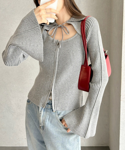 Ada.(エイダ)の「ピグメントライク 配色リブ フロントカット リボン ニットトップス(ニット/セーター・レディース・グレー/ネイビー・FREE)」の5枚目の写真