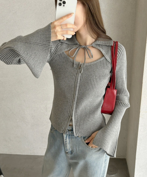 Ada.(エイダ)の「ピグメントライク 配色リブ フロントカット リボン ニットトップス(ニット/セーター・レディース・グレー/ネイビー・FREE)」の11枚目の写真