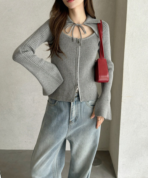 Ada.(エイダ)の「ピグメントライク 配色リブ フロントカット リボン ニットトップス(ニット/セーター・レディース・グレー/ネイビー・FREE)」の12枚目の写真