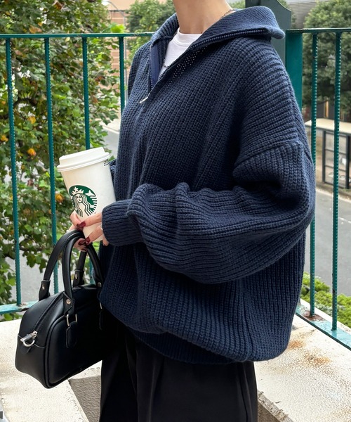 ISOOK(アイスー)の「【ISOOK / アイスー】ハーフジップニット / セーター ファスナー付き Vネック スタンドネック オーバーサイズ ZOZOTOWN限定(ニット/セーター・レディース・ネイビー/クリーム/チャコール・FREE)」の3枚目の写真