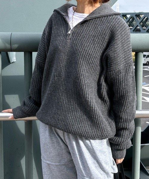 ISOOK(アイスー)の「【ISOOK / アイスー】ハーフジップニット / セーター ファスナー付き Vネック スタンドネック オーバーサイズ ZOZOTOWN限定(ニット/セーター・レディース・ネイビー/クリーム/チャコール・FREE)」の9枚目の写真
