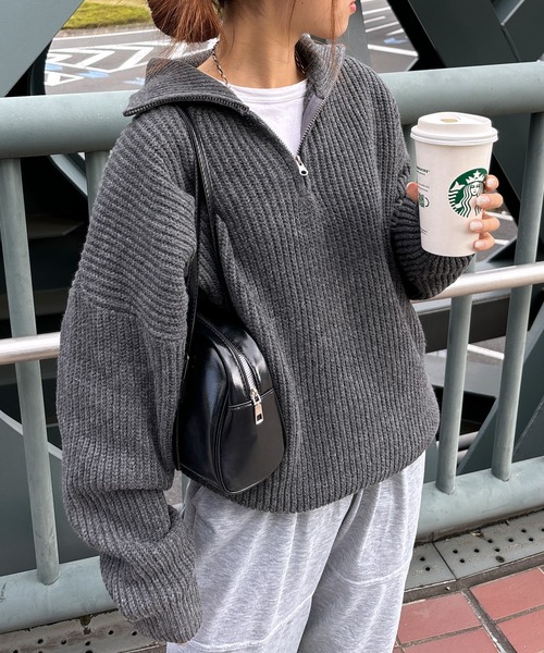 ISOOK(アイスー)の「【ISOOK / アイスー】ハーフジップニット / セーター ファスナー付き Vネック スタンドネック オーバーサイズ ZOZOTOWN限定(ニット/セーター・レディース・ネイビー/クリーム/チャコール・FREE)」の10枚目の写真