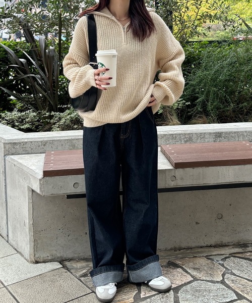 ISOOK(アイスー)の「【ISOOK / アイスー】ハーフジップニット / セーター ファスナー付き Vネック スタンドネック オーバーサイズ ZOZOTOWN限定(ニット/セーター・レディース・ネイビー/クリーム/チャコール・FREE)」の13枚目の写真