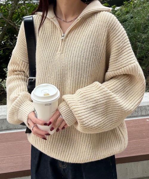 ISOOK(アイスー)の「【ISOOK / アイスー】ハーフジップニット / セーター ファスナー付き Vネック スタンドネック オーバーサイズ ZOZOTOWN限定(ニット/セーター・レディース・ネイビー/クリーム/チャコール・FREE)」の17枚目の写真