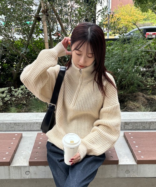 ISOOK(アイスー)の「【ISOOK / アイスー】ハーフジップニット / セーター ファスナー付き Vネック スタンドネック オーバーサイズ ZOZOTOWN限定(ニット/セーター・レディース・ネイビー/クリーム/チャコール・FREE)」の15枚目の写真