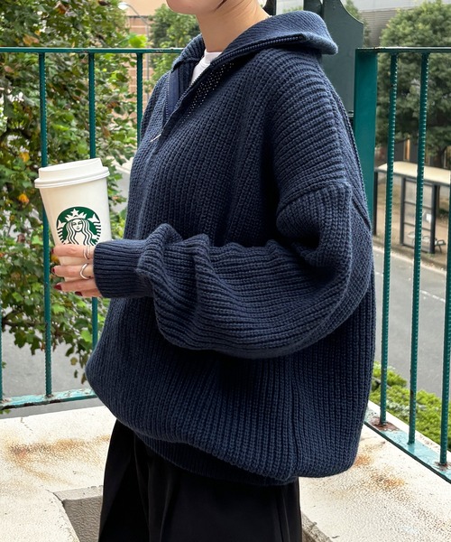 ISOOK(アイスー)の「【ISOOK / アイスー】ハーフジップニット / セーター ファスナー付き Vネック スタンドネック オーバーサイズ ZOZOTOWN限定(ニット/セーター・レディース・ネイビー/クリーム/チャコール・FREE)」の18枚目の写真