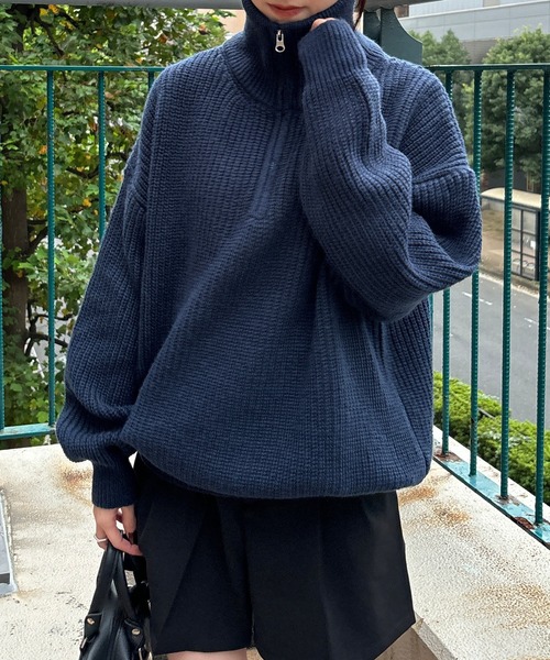 ISOOK(アイスー)の「【ISOOK / アイスー】ハーフジップニット / セーター ファスナー付き Vネック スタンドネック オーバーサイズ ZOZOTOWN限定(ニット/セーター・レディース・ネイビー/クリーム/チャコール・FREE)」の5枚目の写真